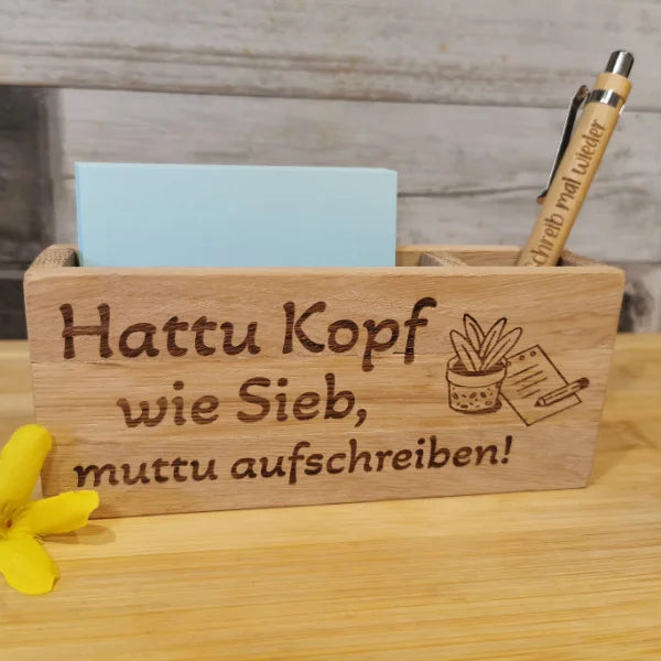 Notizzettel-Halter aus Holz mit Lasergravur, Schreibtisch-Organizer für Notizzettel und Stift, lustiges Bürogeschenk aus Holz.