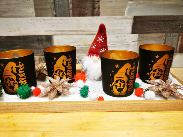 Advent Windlicht Set aus Glas Schwarz-Gold